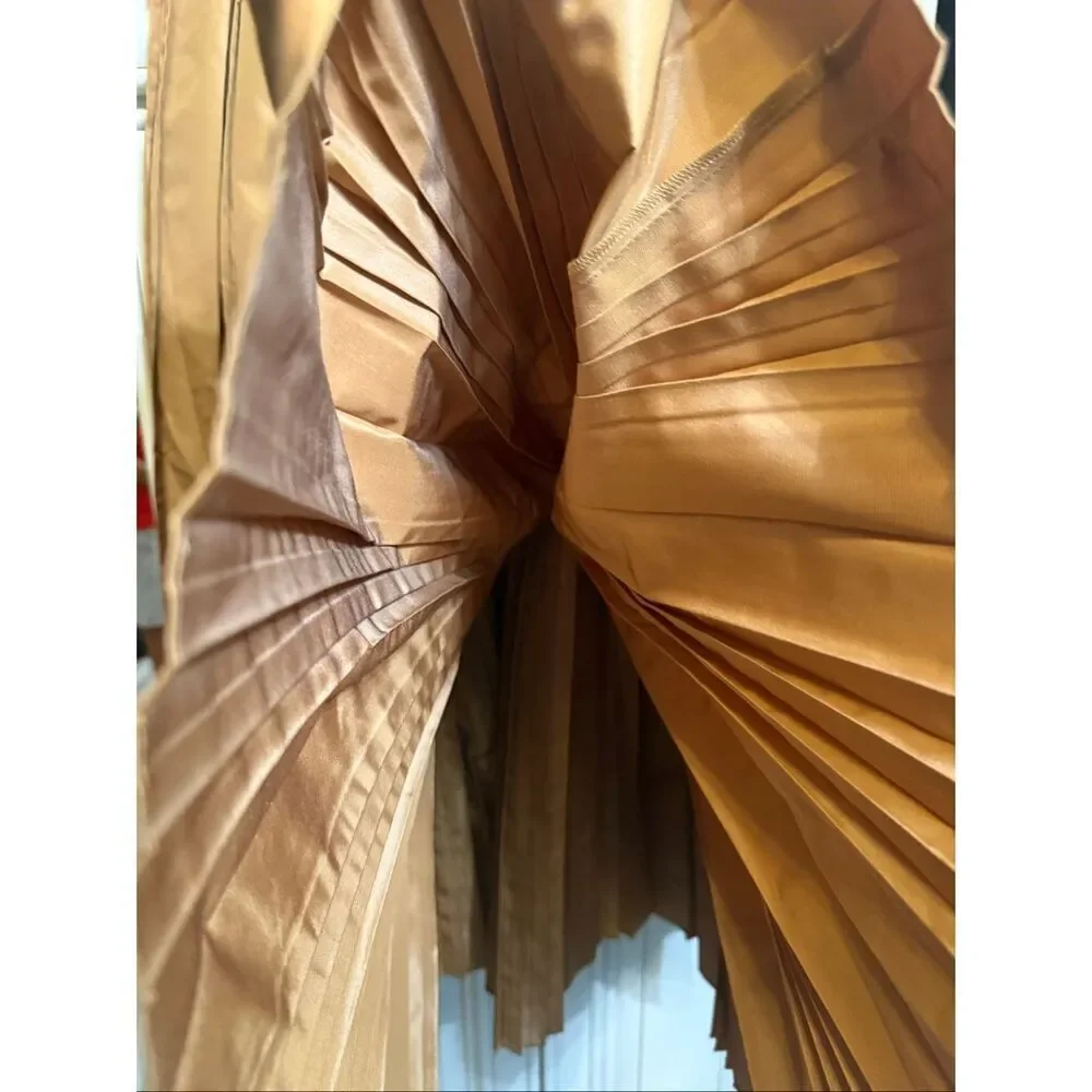 Rare Prada Milano  Pull-On Pleated A-Line Midi Skirt Tan Brown Size 38 NWOT